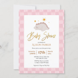 Invitación Elegante Guión Dorado Cute Dinosaurio Rosa Baby Sh