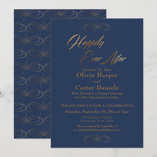 Invitación Elegante guión dorado feliz de siempre en la marin (Anverso / Reverso)