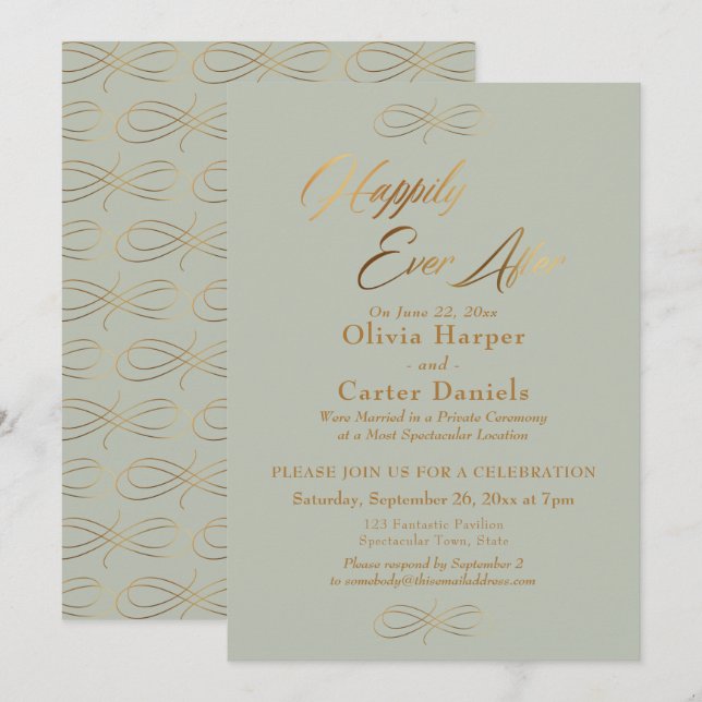 Invitación Elegante Guión Dorado Feliz Para Siempre Después,  (Anverso / Reverso)