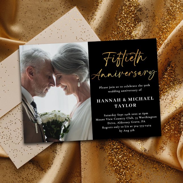 Invitación Elegante guión dorado foto 50 aniversario Boda (Subido por el creador)