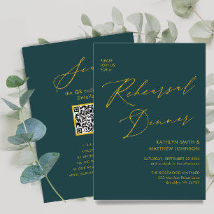 Invitación Elegante Guión dorado Green Test Dinner QR code
