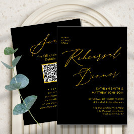 Invitación Elegante Guión dorado Gris Ensayo Cena Código QR