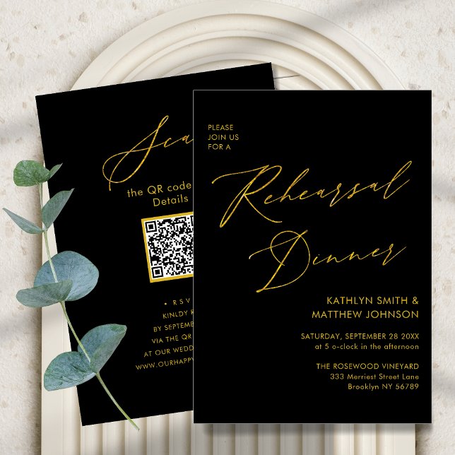 Invitación Elegante Guión dorado Gris Ensayo Cena Código QR (Subido por el creador)