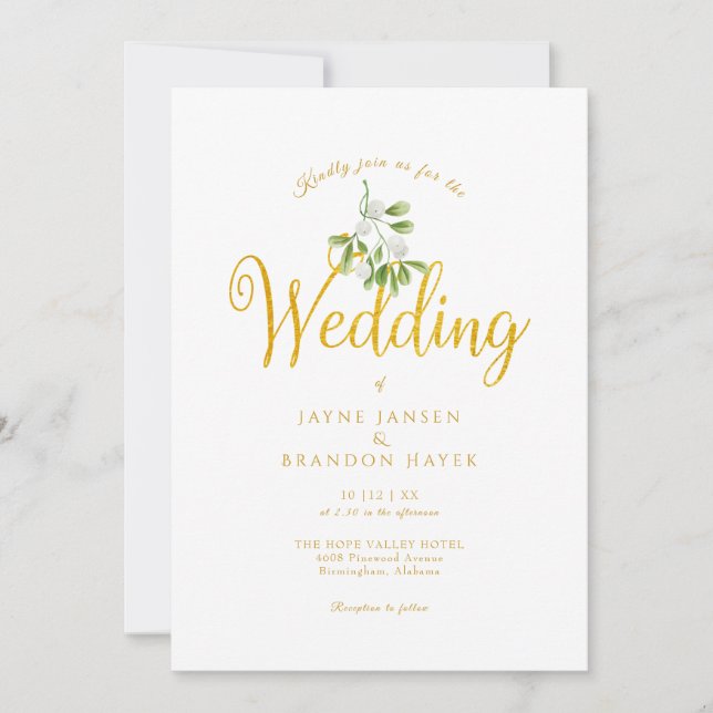 Invitación Elegante guión dorado Mistletoe Boda de Invierno (Anverso)