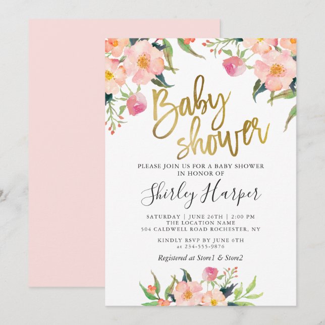 Invitación Elegante guión dorado rosa floral Baby Shower (Anverso / Reverso)