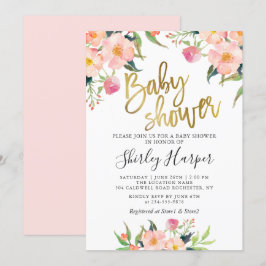 Invitación Elegante guión dorado rosa floral Baby Shower