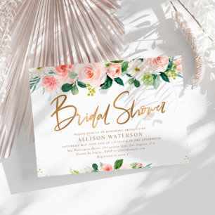 Invitación Elegante guion dorado rosa y ducha de novia lustre