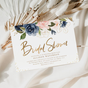 Invitación Elegante guión dorado rubor y ducha de novia marin