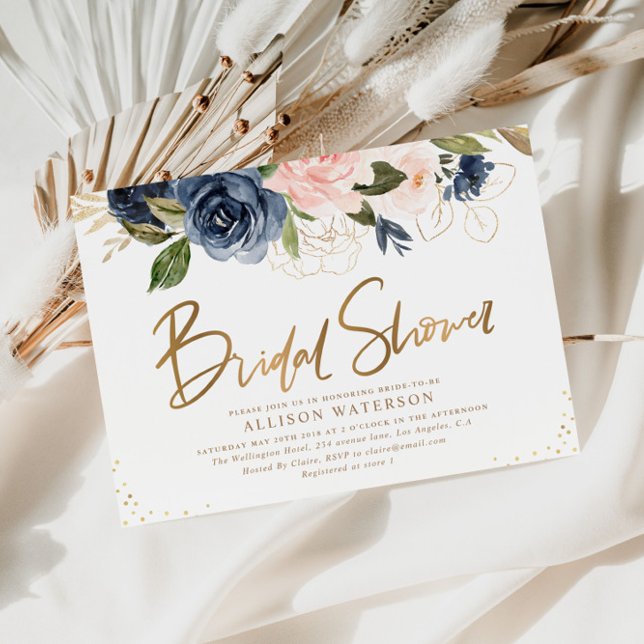 Invitación Elegante guión dorado rubor y ducha de novia marin (Subido por el creador)