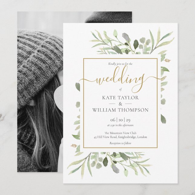 Invitación Elegante guión dorado verde deja Boda de foto (Anverso / Reverso)