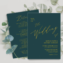 Invitación Elegante Guión Dorado Verde Todo En Un Boda