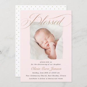 Invitación Elegante Guión Dusty Pastel Rosa Baptism Foto En