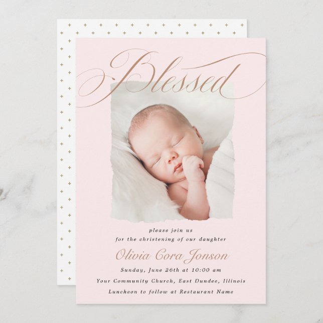 Invitación Elegante Guión Dusty Rosa Pastel Guión Baptismo Fo (Anverso / Reverso)