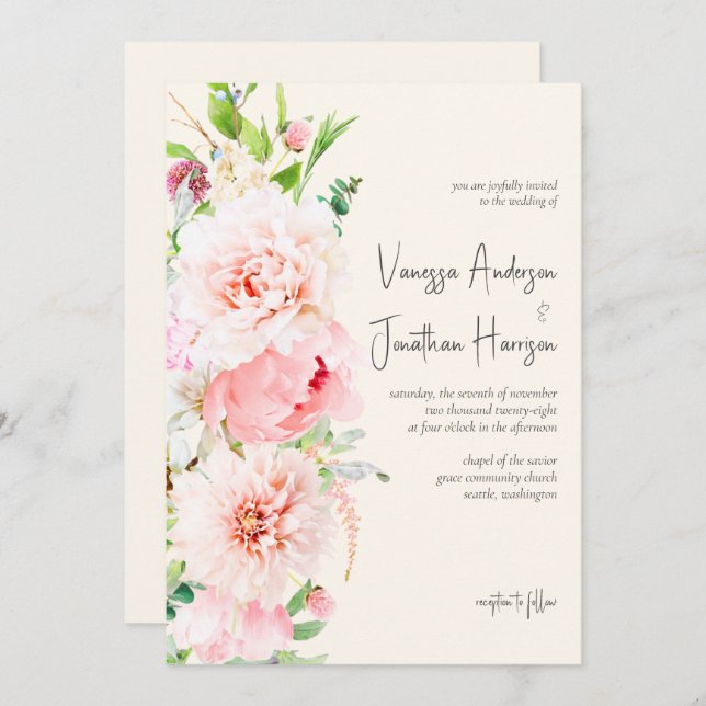 Invitación Elegante guión estilo Rubor y marfil floral (Anverso / Reverso)
