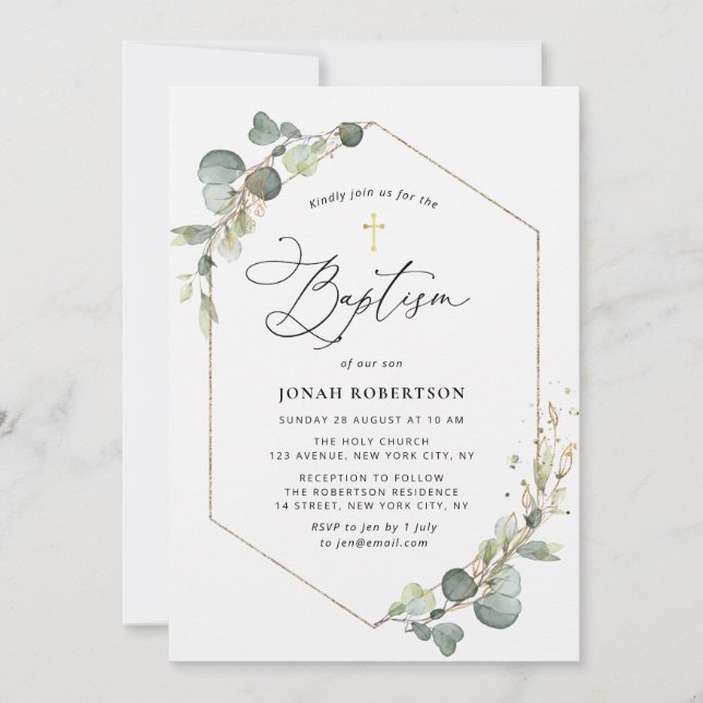 Invitación Elegante guión eucalipto cuadro bautismo (Anverso)
