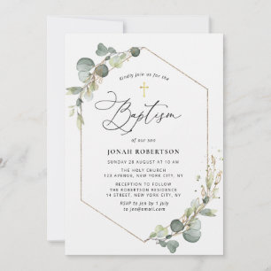 Invitación Elegante guión eucalipto cuadro bautismo