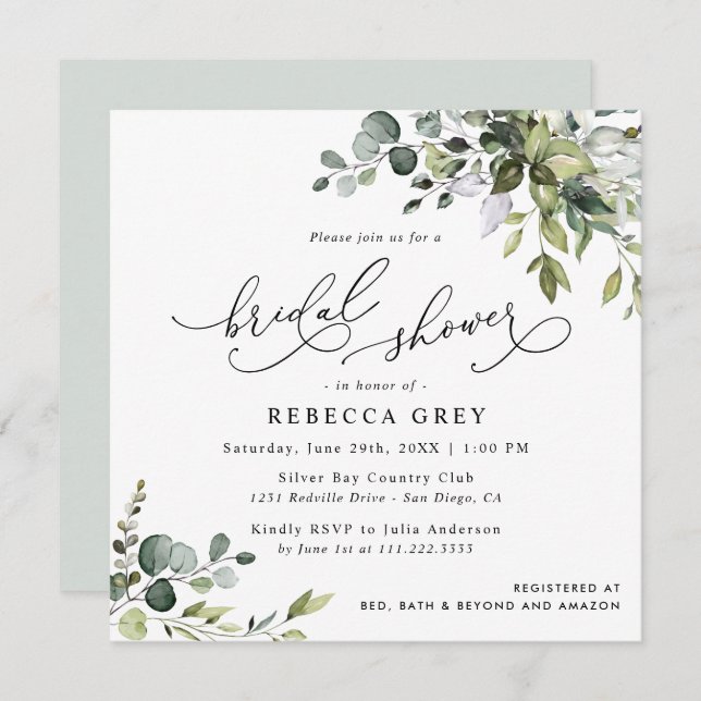 Invitación Elegante guión Eucalyptus Greenery Bridal Shower (Anverso / Reverso)