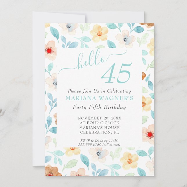 Invitación Elegante guión floral amarillo Verde azulado 45 cu (Anverso)