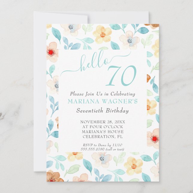 Invitación Elegante guión floral amarillo Verde azulado 70 cu (Anverso)