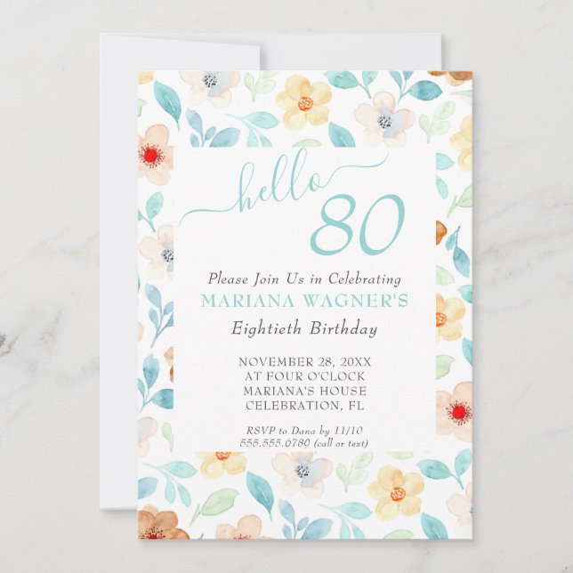 Invitación Elegante guión floral amarillo Verde azulado 80 cu (Anverso)