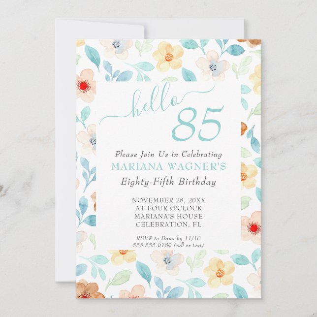 Invitación Elegante guión floral amarillo Verde azulado 85º c (Anverso)