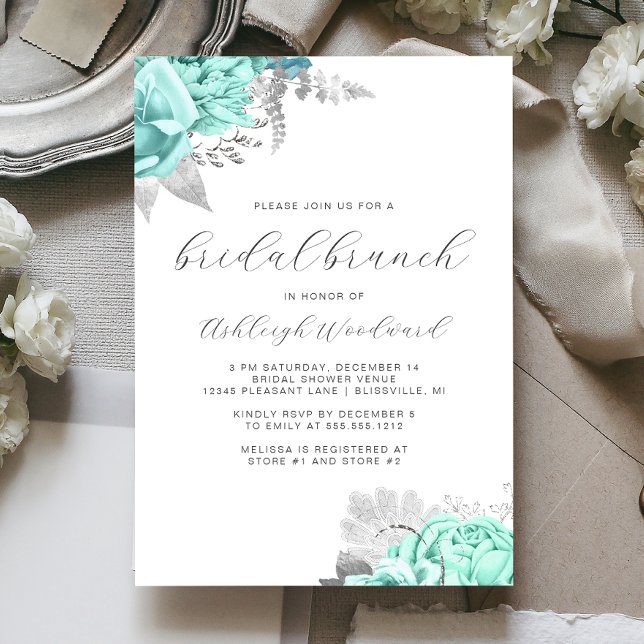 Invitación Elegante guión floral Aqua Silver Bridal Brunch (Subido por el creador)