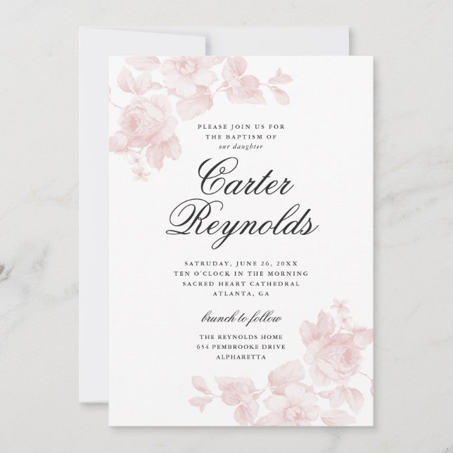 Invitación Elegante guión floral bautismo religioso (Anverso)