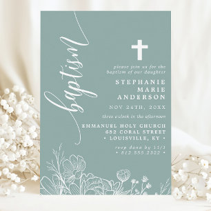 Invitación Elegante guion floral blanco azulado polvoriento B