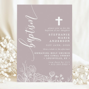 Invitación Elegante guion floral blanco lavanda polvoriento b