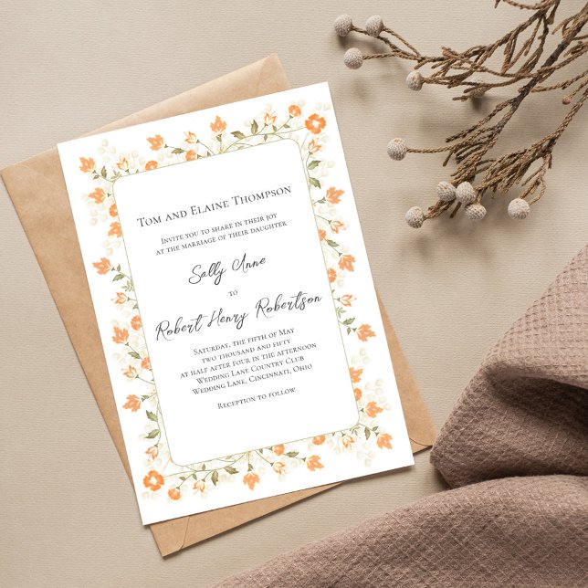 Invitación Elegante guión floral de enganche (Elegant peach floral wedding invitation with a monogram on the backside. )