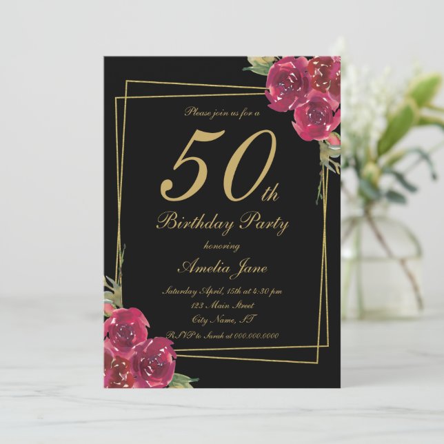 Invitación Elegante guión Floral de oro negro 50 cumpleaños (Anverso de pie)