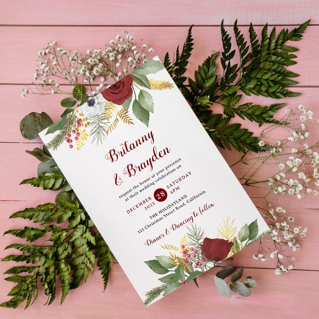 Invitación Elegante guión floral de oro rojo todo en un Boda (Subido por el creador)