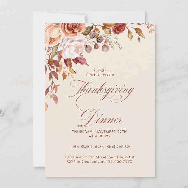 Invitación Elegante Guión Floral Día de Acción de Gracias (Anverso)