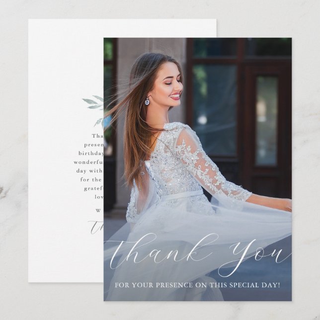 Invitación Elegante Guión Floral Quinceanera Gracias Foto (Anverso / Reverso)