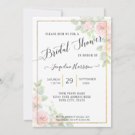 Invitación Elegante guión floral rosa en ducha de novia dorad