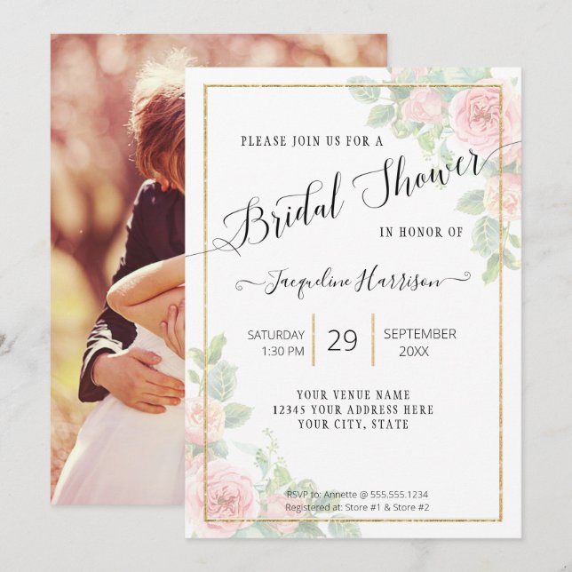Invitación Elegante guión floral rosa en ducha de novia dorad (Anverso / Reverso)