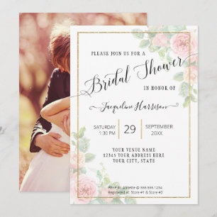 Invitación Elegante guión floral rosa en ducha de novia dorad