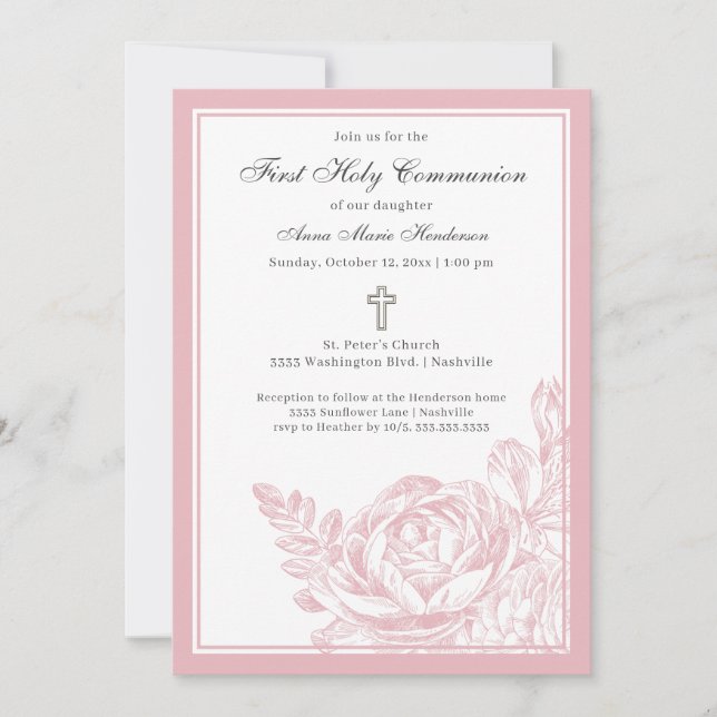 Invitación Elegante Guión Floral Rosa Primera Comunión Santa (Anverso)
