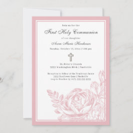 Invitación Elegante Guión Floral Rosa Primera Comunión Santa