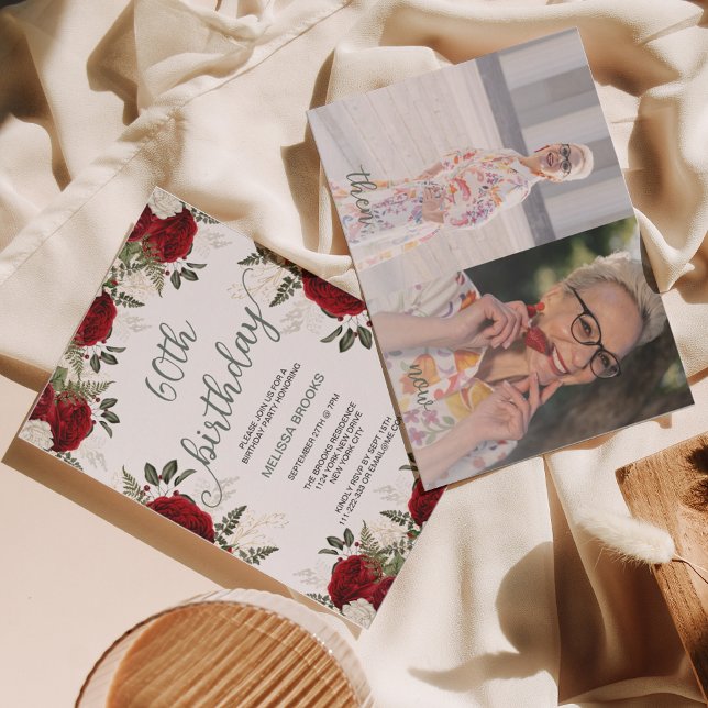Invitación Elegante guión Floral Rosa Roja Foto 60 cumpleaños (Subido por el creador)