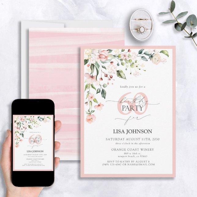 Invitación Elegante Guión Floral Rosa Rosado 60 cumpleaños (Subido por el creador)