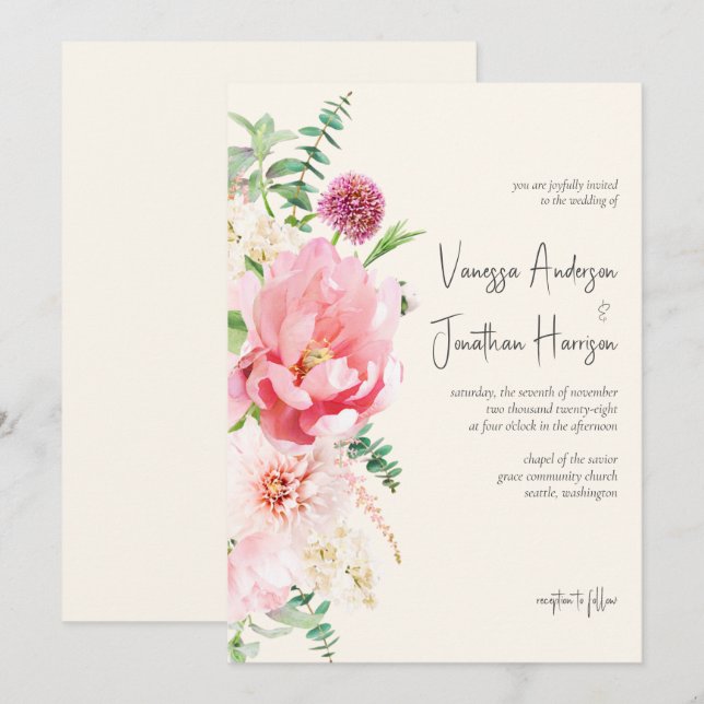 Invitación Elegante guión floral rosa Rubor de marfil (Anverso / Reverso)