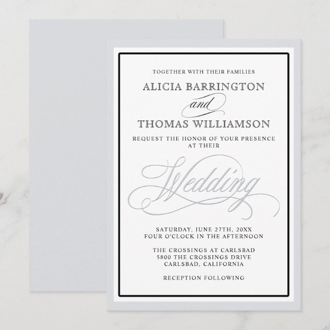 Invitación Elegante guión florece con cualquier borde platead (Anverso / Reverso)