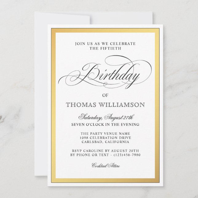 Invitación Elegante guión florece el oro 50º cumpleaños (Anverso)