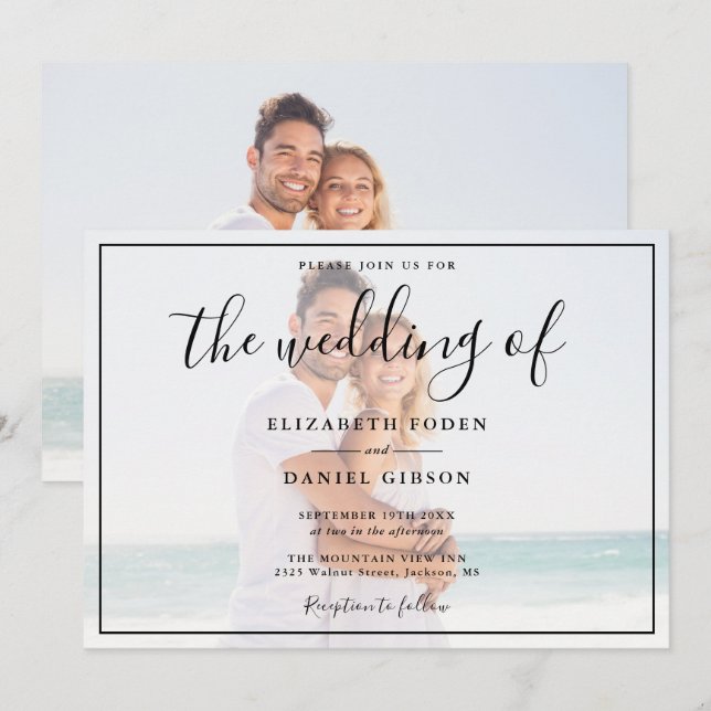 Invitación Elegante Guión Foto Boda Blanco Y Negro (Anverso / Reverso)