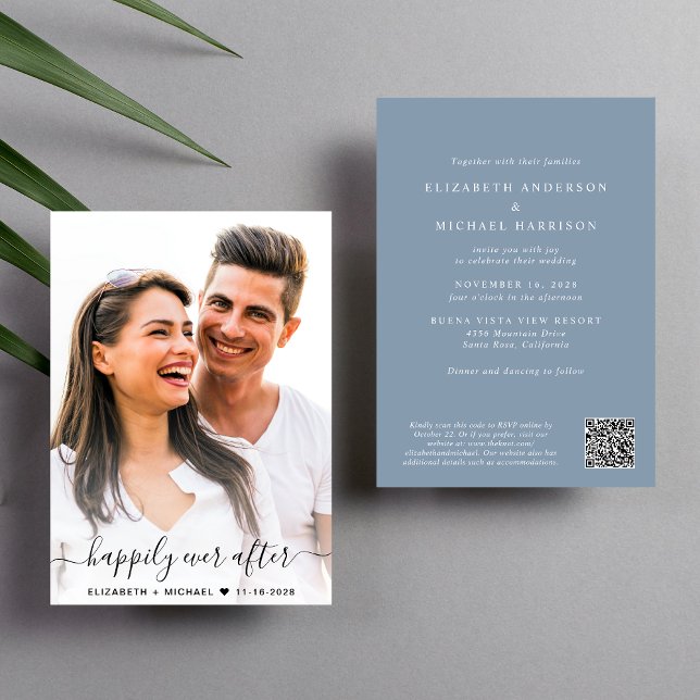 Invitación Elegante guión Foto Código QR Boda azul turbio (Elegant all-in-one wedding invite featuring your photo + a QR code linked to your wedding website)