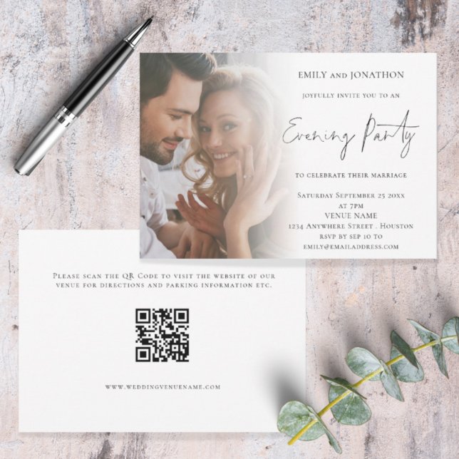 Invitación Elegante guión Foto QR Código Boda por la noche (Front and back view. Available digitally or printed. Part of a large matching wedding suite)
