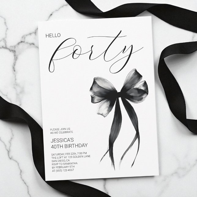 Invitación Elegante guión Hola Cuarenta Arco Cumpleaños 40 (Elegant Script Hello Forty Bow 40th Birthday Party Invitation)