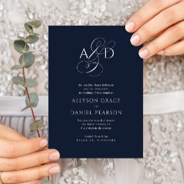 Invitación Elegante guión inicial Monograma Boda azul de la M