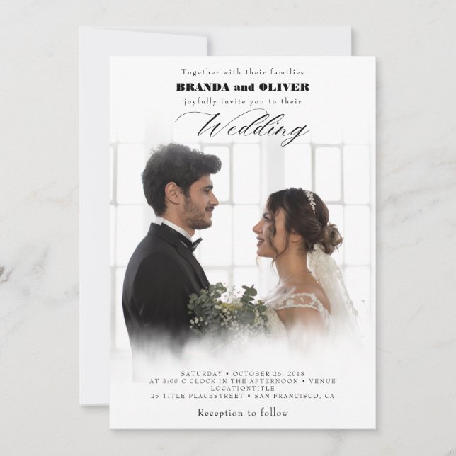 Invitación Elegante guión lindo foto superpuesta Boda blanca  (Anverso)